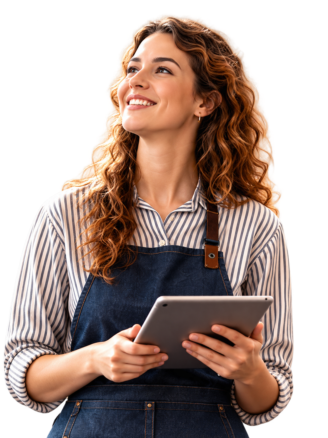 Commerçante lyonnaise souriante avec une tablette